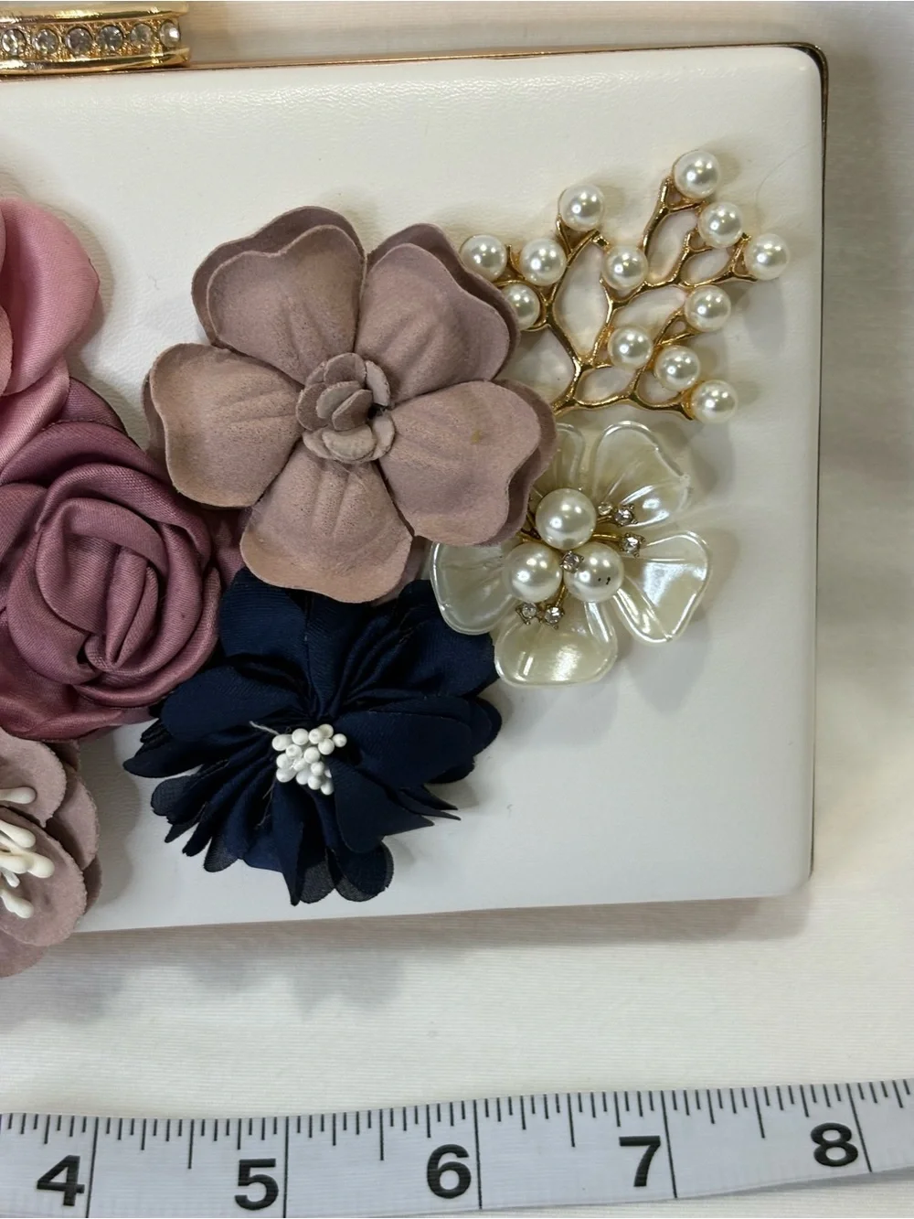 Floral Embellished White Clutch with Multicolor Flowers